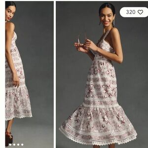 Anthropologie Embroidered Halter Midi Dress White & Burgundy Floral Size M